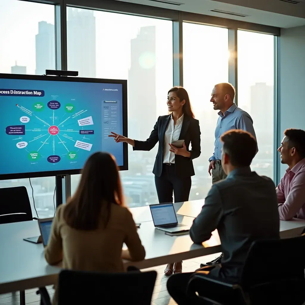 A business professional analyzing performance metrics on a large screen during a team meeting.