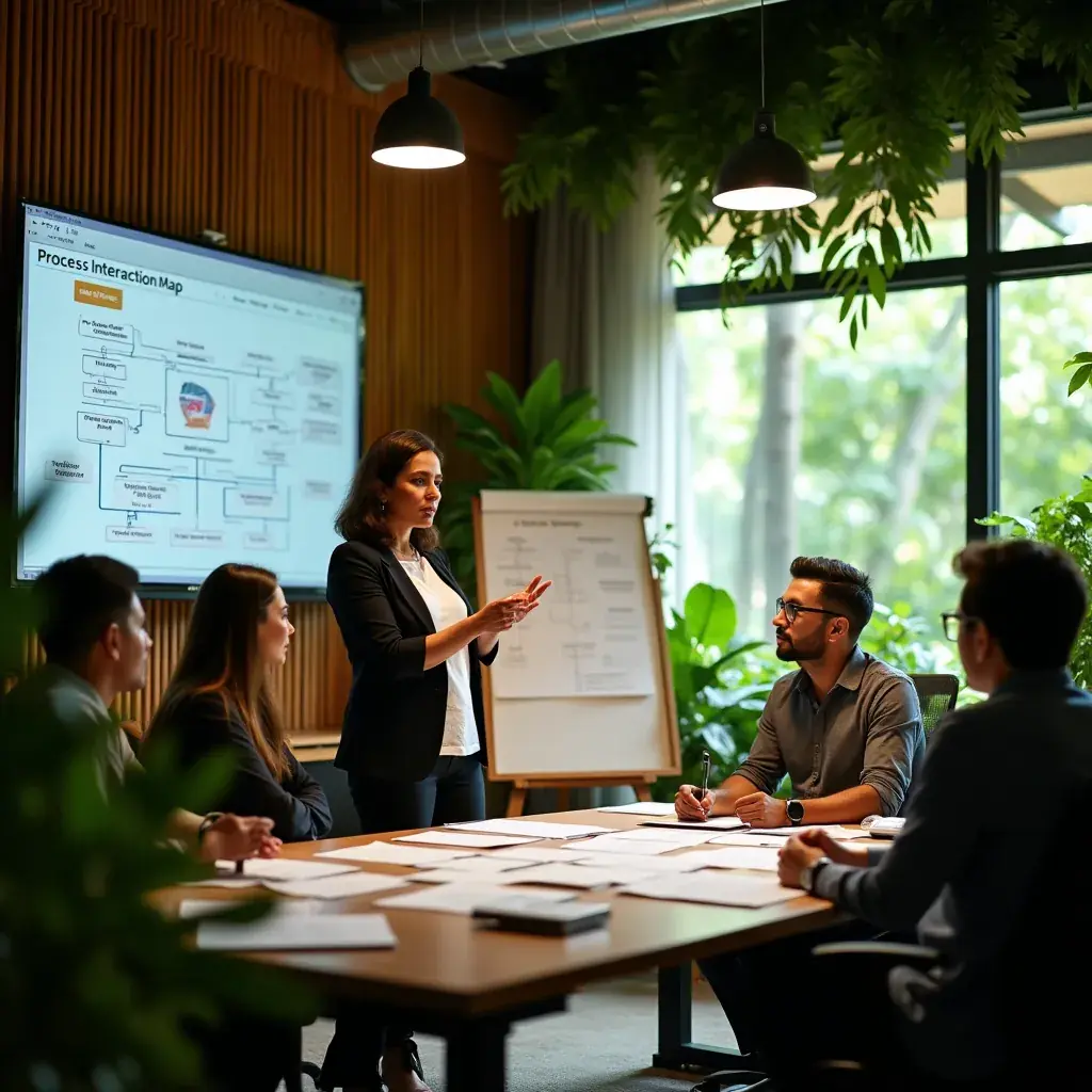 A diverse team of professionals discussing AI-driven strategies in a modern office setting.